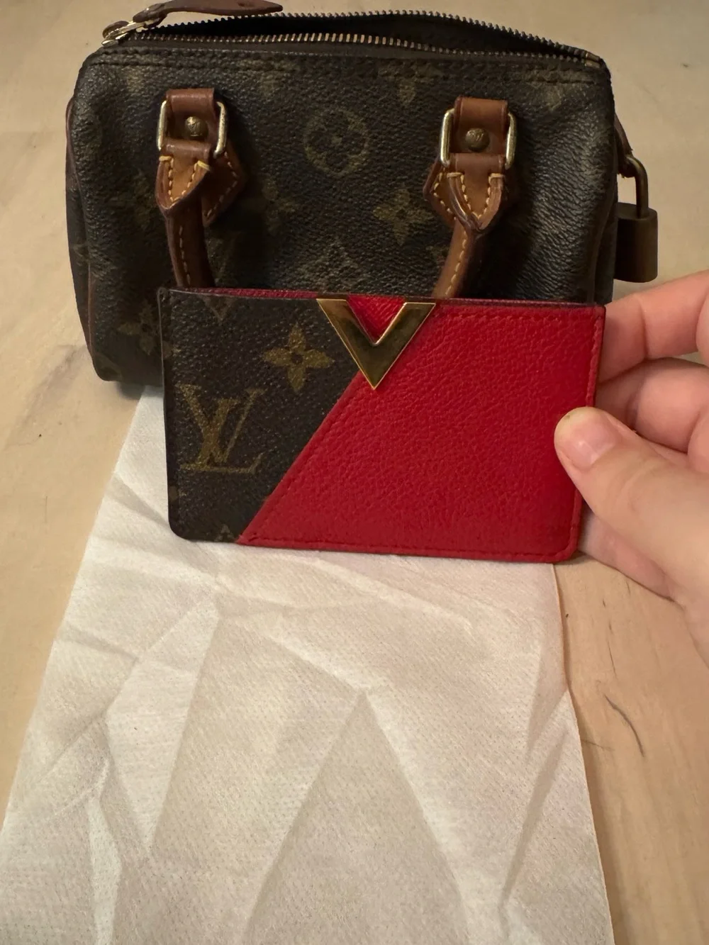 Louis Vuitton Brown Monogram & Red Leather Card Holder